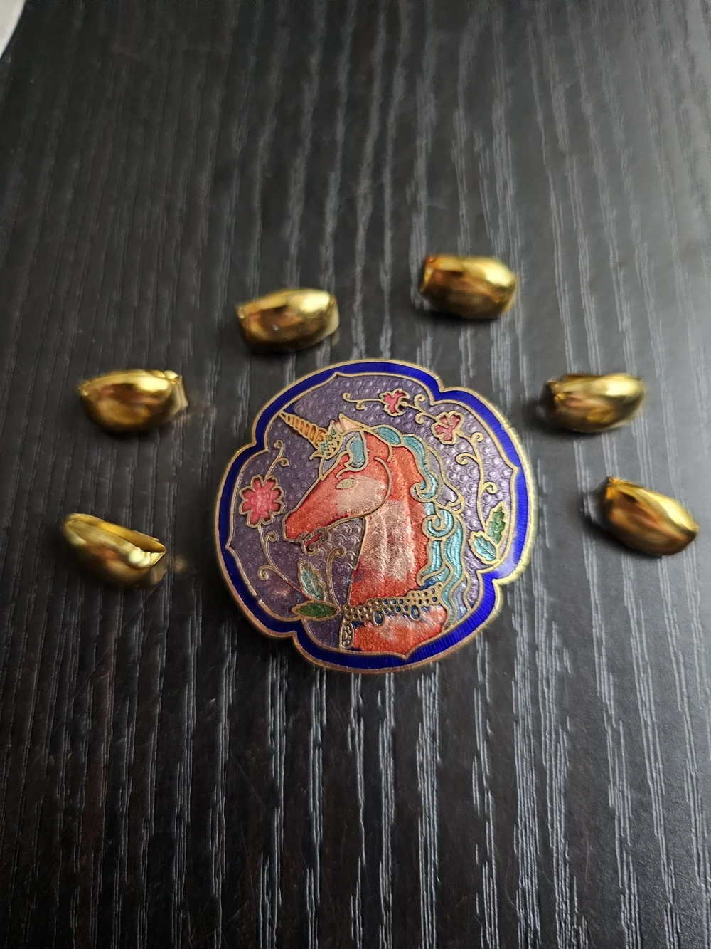 Vintage 1980s Cloisonné Unicorn Stretch Belt Centerpiece with Original Gold-Tone